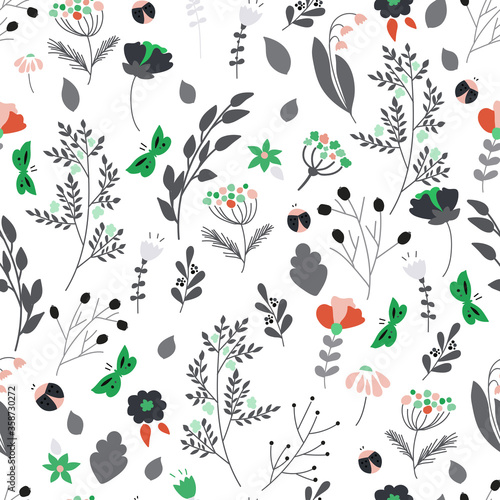 Floral seamless pattern. Botanical background for wrapping paper, textile print, wallpaper. Vector illustration.
