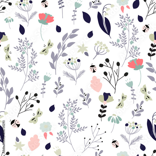 Floral seamless pattern. Botanical background for wrapping paper, textile print, wallpaper. Vector illustration.