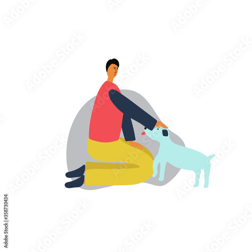 Sad man stroking and playing with his dog. Loss of pleasure from pleasant things. Sign of depression. Vector illustration on a white background.