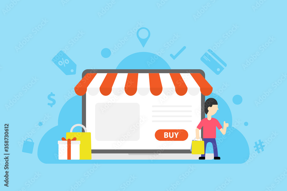 Shopping online concept. Man character holding bag. digital marketing. Shop online on laptop with awning. Business concept. 