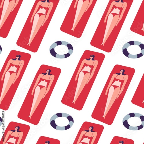 Woman laying on inflatable mattress on summer vacation seamless pattern
