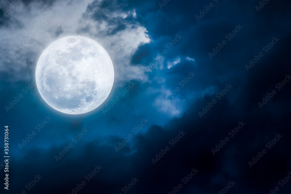 Full Moon, Full glowing moon with stars and cloud at beautiful night.