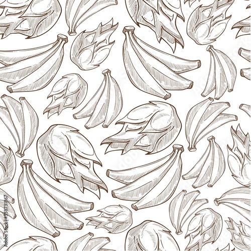 Banana tropical fruits, exotic dieting colorless seamless pattern
