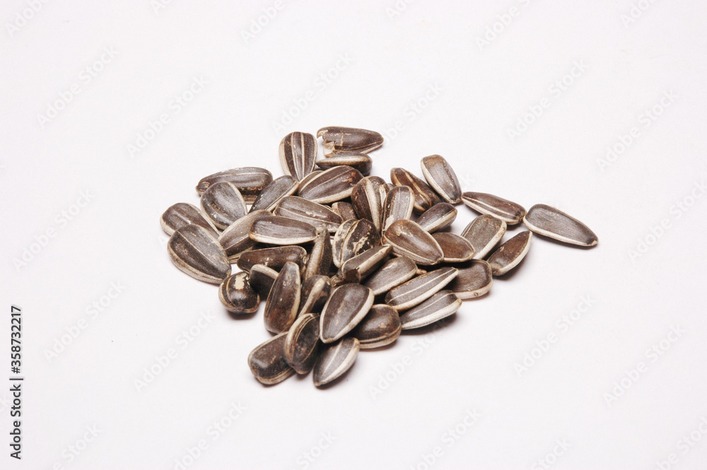 Sunflower Seeds, Close Up against white background Sunflower Seeds, Close Up against white background