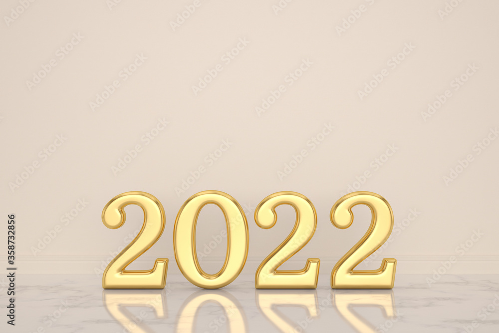 Happy New Year golden metallic numbers on marble. Festive poster or banner design. 3D illustration. Happy New Year golden metallic numbers on marble. Festive poster or banner design. 3D illustration.
