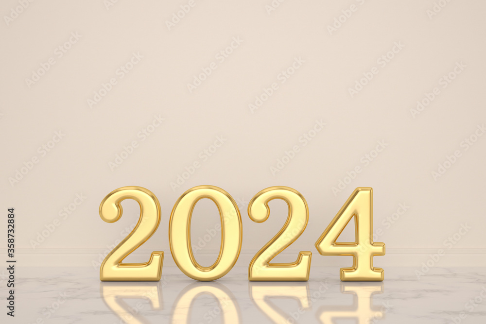 Happy New Year golden metallic numbers on marble. Festive poster or banner design. 3D illustration. Happy New Year golden metallic numbers on marble. Festive poster or banner design. 3D illustration.