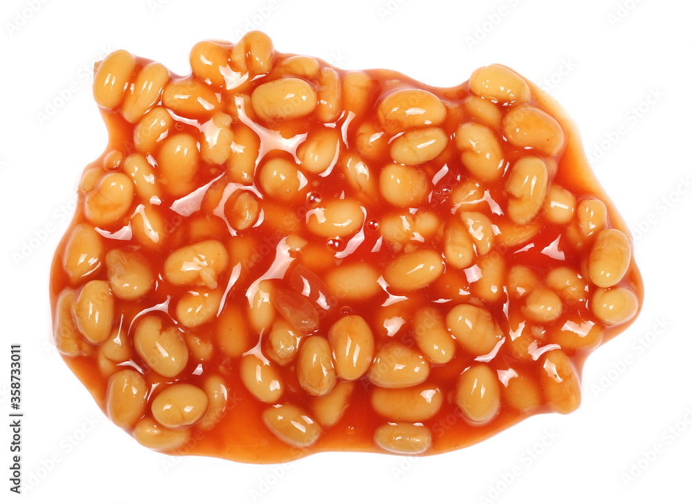 Cooked white beans in red tomato sauce with flavoring spices isolated, top view Cooked white beans in red tomato sauce with flavoring spices isolated, top view