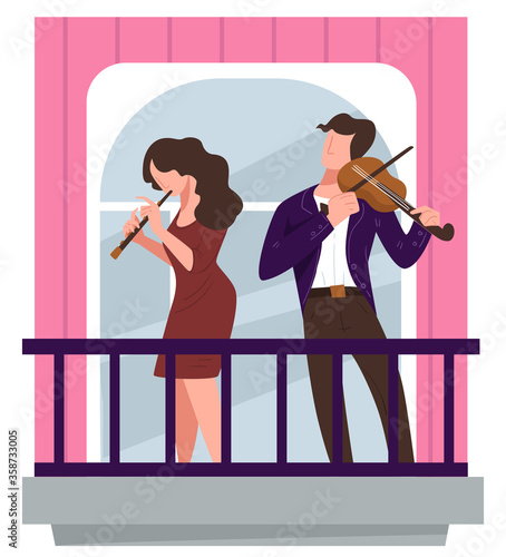 Musicians playing violins on balcony, concert of violinists on quarantine
