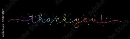 THANK YOU! rainbow vector monoline calligraphy banner with colorful confetti on black background