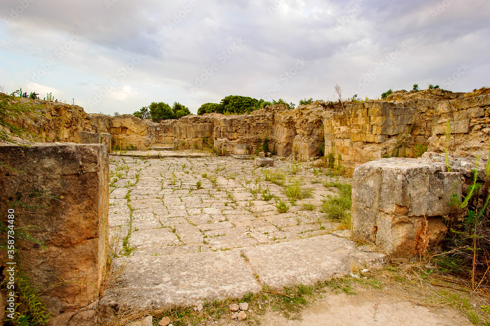 Excavated ruins at Ras Shamra. Ugarit, an ancient port city on the eastern Mediterranean at the Ras Shamra.