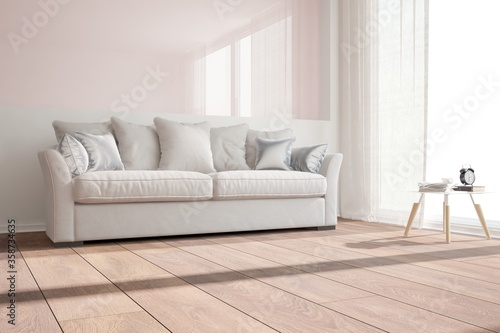 modern room with sofa,pillows,table and curtains interior design. 3D illustration © ALIAKSANDR