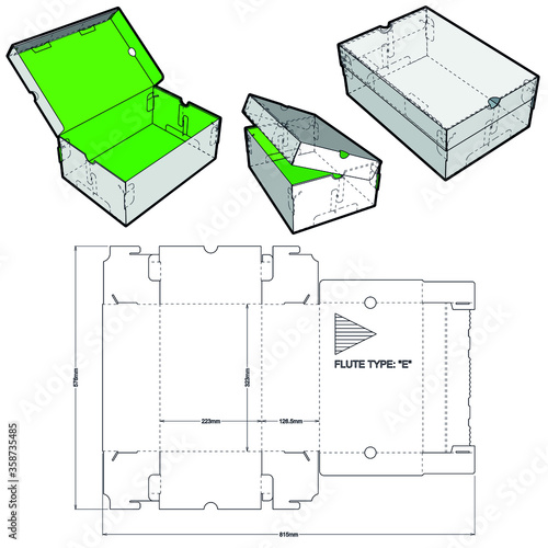 Shoes Cardboard Box and Die-cut Pattern. The .eps file is full scale and fully functional. Prepared for real cardboard production.