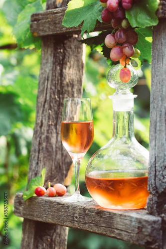 A glass of rose wine with bottle outdoors in vineyard garden. Wine tasting with red grapes on wooden ladder, harvest time, copy space