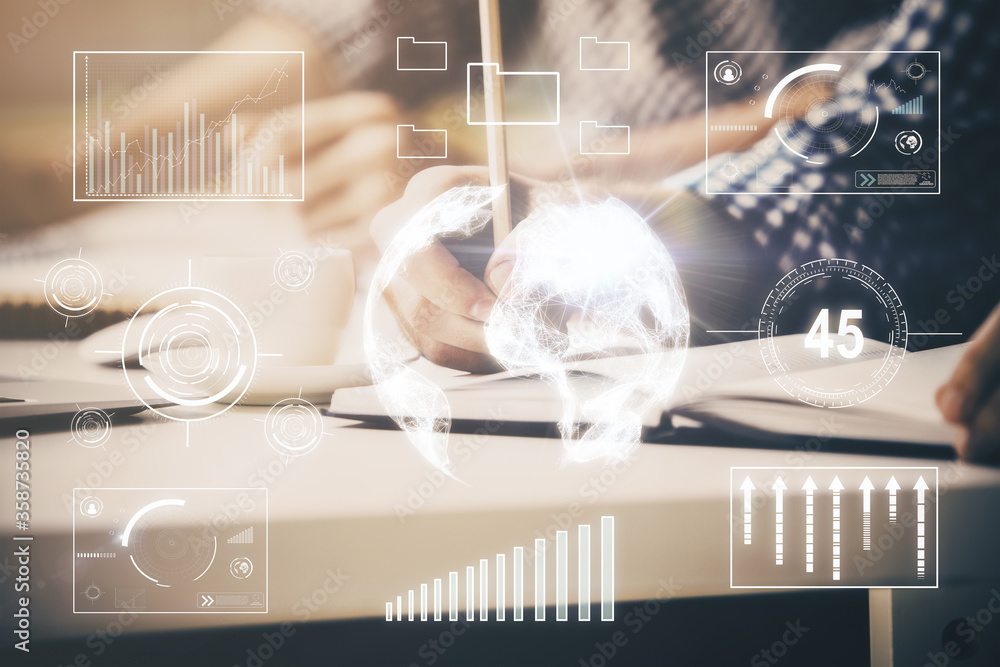Multi exposure of two men planing investment with stock market forex chart. Multi exposure of two men planing investment with stock market forex chart.