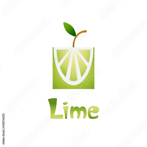 Fresh tropical citrus fruit in a flat stylized with a gradient. Hand draw lettering lime. Lime for making fresh drinks. Square cutaway fruits on a white background.