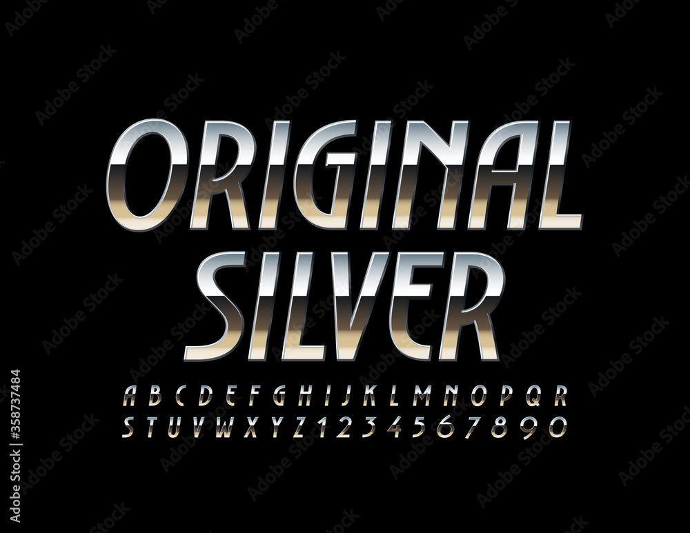 Vector Original Silver Letters and Numbers. Elegant Glossy Font. Shiny Metallic Alphabet 