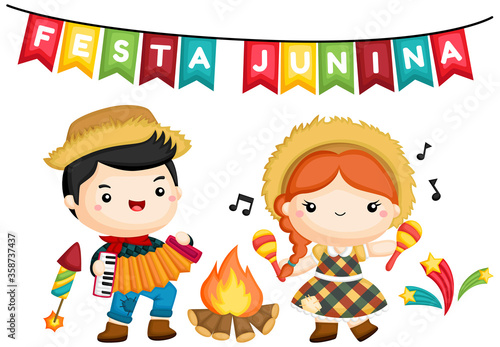 a vector of a boy and a girl at the campfire during Festa Junina 