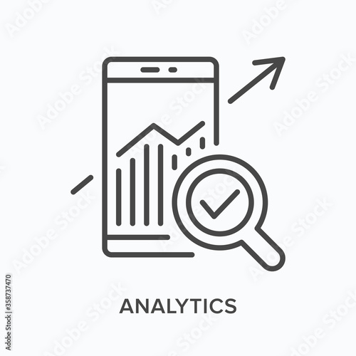 Analytics flat line icon. Vector outline illustration of mobile phone with growth chart. Seo optimization thin linear pictogram