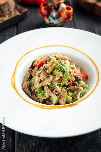 Gourmet udon noodles with vegetables and chicken