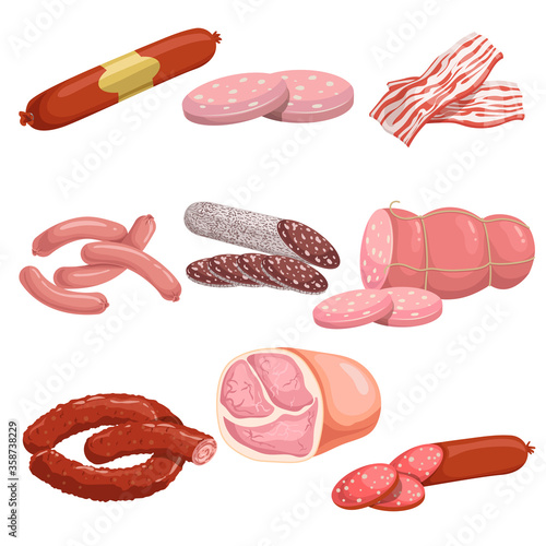 Meat products in cartoon style set. Butcher shop icons. Bacon slices, smoked sausage, salami, mortadella slices, frankfurters and ham. Vector illustration isolated on white background.