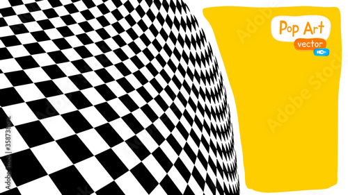 Abstract op art vector illustration, yellow orange background. Pop art checker background with optical illusion 3d illustration.