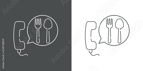 Concepto reparto de comida a domicilio. Icono plano lineal auricular de teléfono con cubiertos en burbuja de habla en fondo gris y fondo blanco