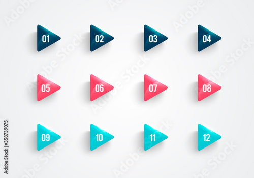 Vector Illustration Modern Triangle Bullet Point Set. Points With Number 1 To 12.