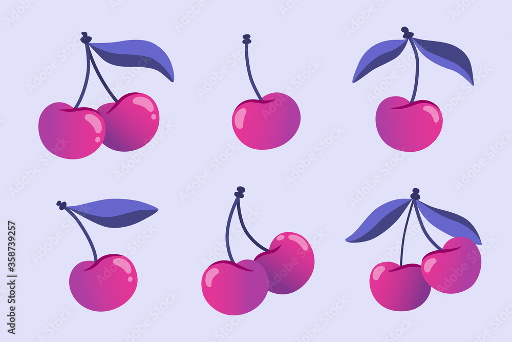 Set of cherry berries with leaves isolated on a light lilac background. Healthy eating, trendy hand-drawn summer berries. Vector flat illustration Set of cherry berries with leaves isolated on a light lilac background. Healthy eating, trendy hand-drawn summer berries. Vector flat illustration