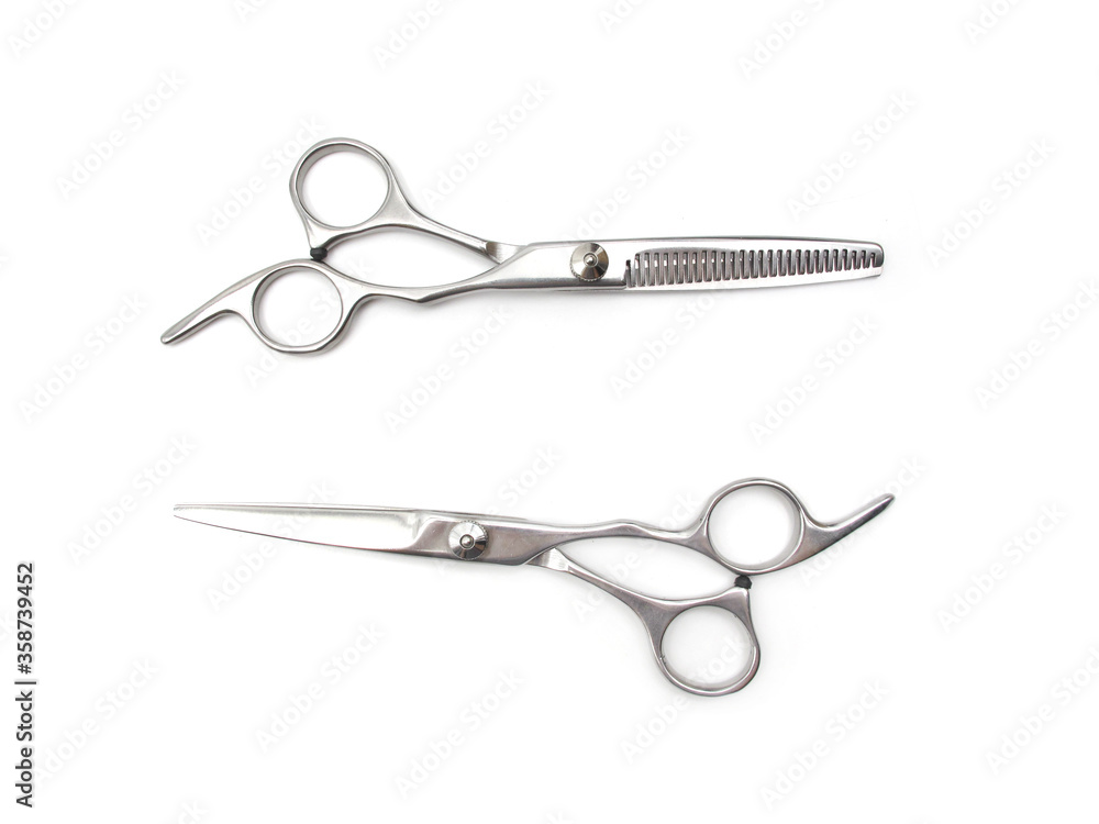 Scissors Barber, Scissors Salon , Scissors Realistic Metal silver, Scissors Classic, Scissors for a hairstyle on White Background Scissors Barber, Scissors Salon , Scissors Realistic Metal silver, Scissors Classic, Scissors for a hairstyle on White Background