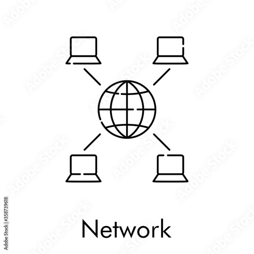 Concepto trabajo en red. Icono plano lineal palabra network con globo terráqueo y ordenadores en color negro