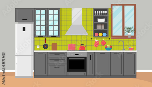Kitchen modern interior in 
Scandinavian style, apartment design. Kitchen room with window. Vector illustration in flat style.