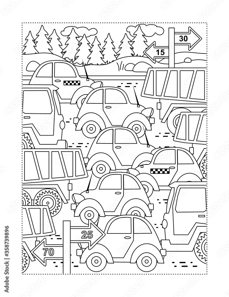 Coloring page with cars, trucks, road signs. High traffic on the road.
Coloring page with cars, trucks, road signs. High traffic on the road.