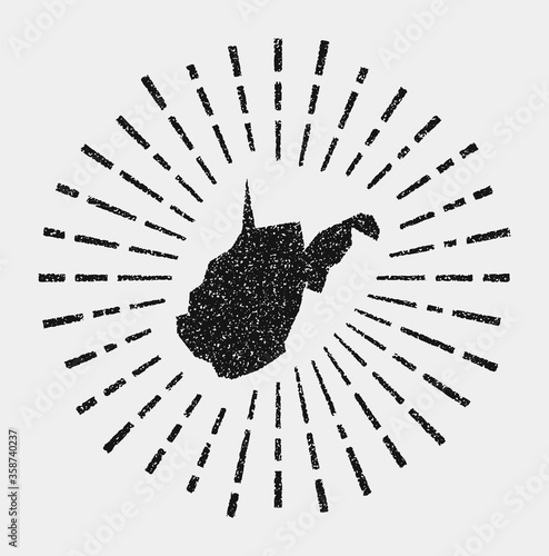 Vintage map of West Virginia. Grunge sunburst around the US state. Black West Virginia shape with sun rays on white background. Vector illustration.