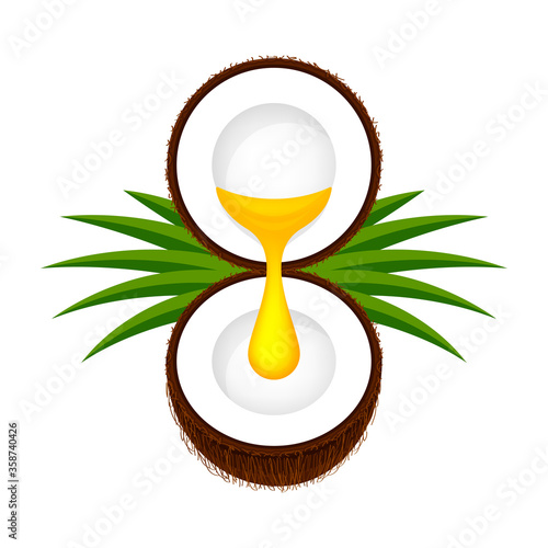 coconut half cut and oil drop yellow gold isolated on white, coconut cooking oil for icon, brown coconut and oily oil pouring, coconut with oil drop flow for cosmetics ingredient