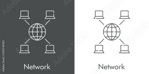 Concepto trabajo en red. Icono plano lineal palabra network con globo terráqueo y ordenadores en fondo gris y fondo blanco