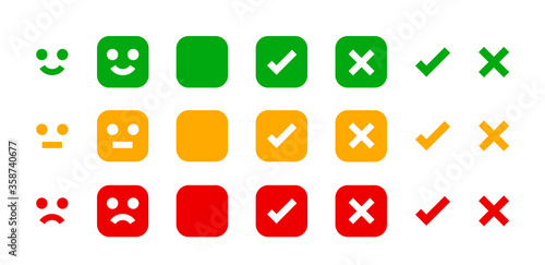 icon emotions face, emotional symbol and approval check sign button, emotions faces and checkmark x or confirm and deny, button checkbox flat for apps, faces icons and checkmark choice for checklist