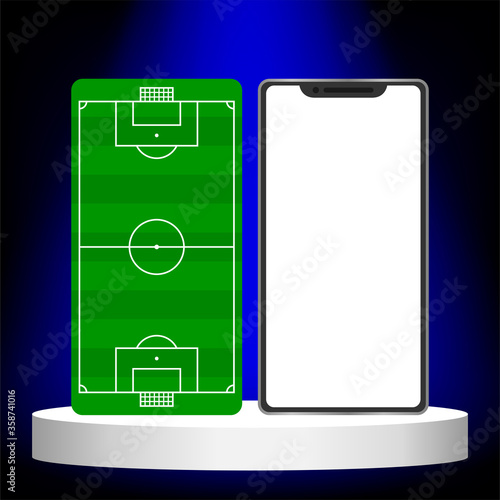 smartphone digital screen blank and football field, template for media soccer sports on mobile phone, empty mobile for banner soccer live score online, template football game player on smartphone app