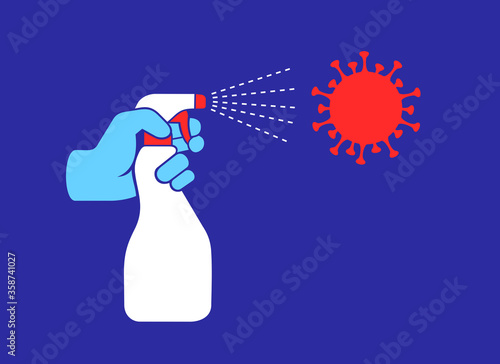 Hand is cleaning coronavirus and covid-19 by sanitizer and disinfectant in spray and atomizer. Safety and protection - sanitizing and disinfecting infectious and contagious virus.