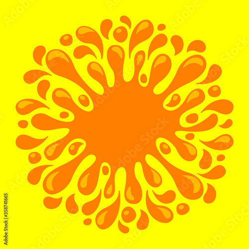 orange juice water splash drop, water blob orange flat isolated on yellow, pineapple juice splash flow, orange juice drop splatter simple for package design, water orange drop symbol graphic banner ad