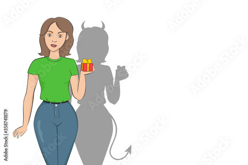 Girl with devil shadow. Vector illustration.