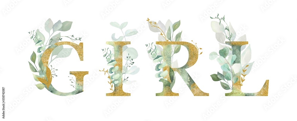 Fototapeta premium Floral alphabet, lettering girl with watercolor green and gold leaf. Perfectly for wedding invitations, greeting card, logo, poster and other design. 