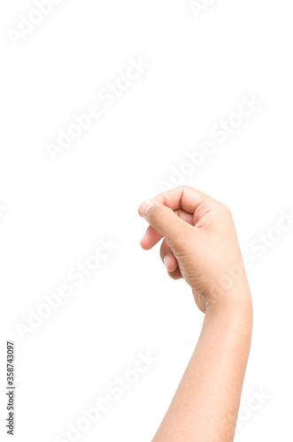  a hand holding something like a bottle or smartphone on white backgrounds, isolated