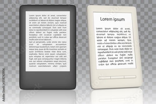 White and black e-book reader mockup set. Vector realistic illustration isolated on transparent background. E-reader portable electronic device design templates.