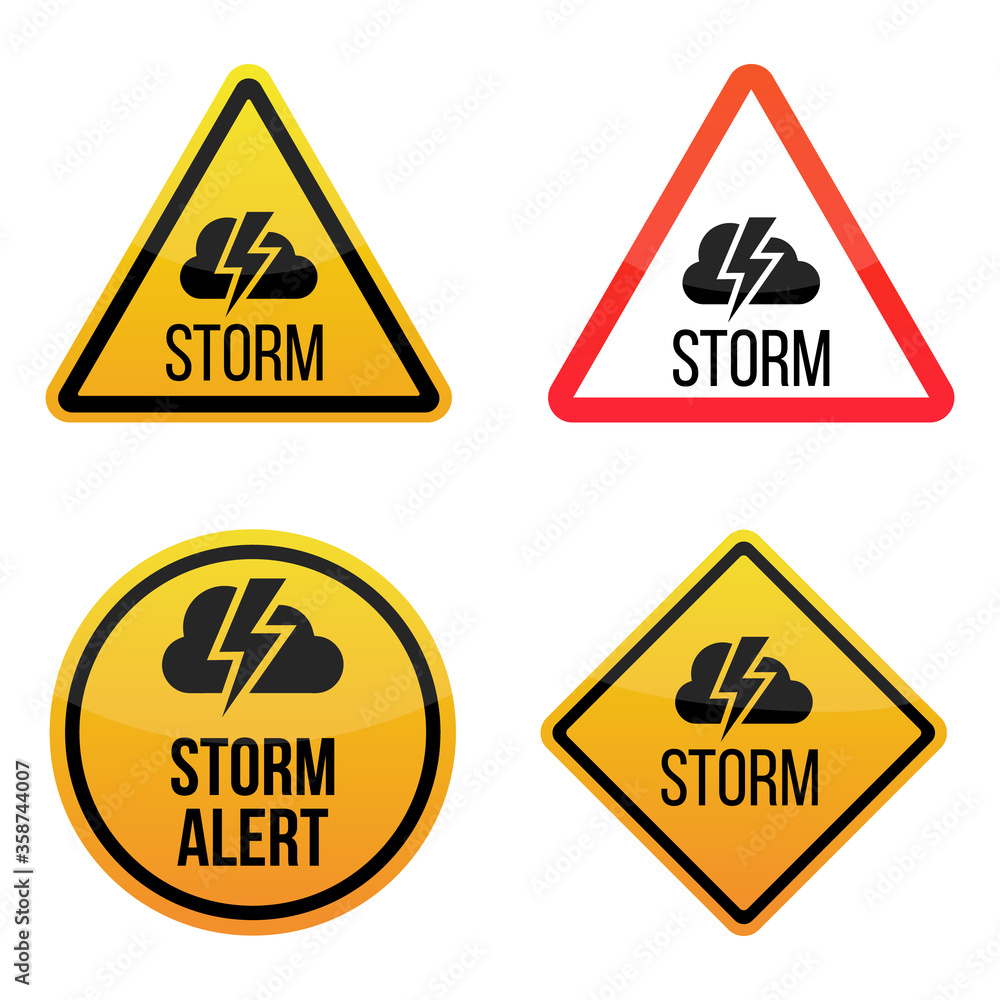 Storm weather alert. Warning signs labels. Yellow and red. Isolated on white background. EPS10 Storm weather alert. Warning signs labels. Yellow and red. Isolated on white background. EPS10