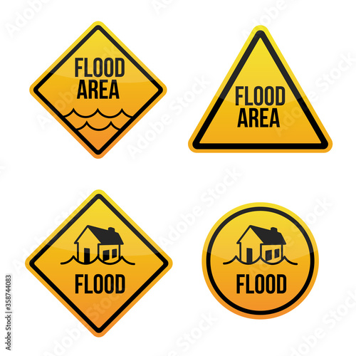 Flood area alert. Warning signs labels with flooding house. Yellow aIsolated on white background. EPS10