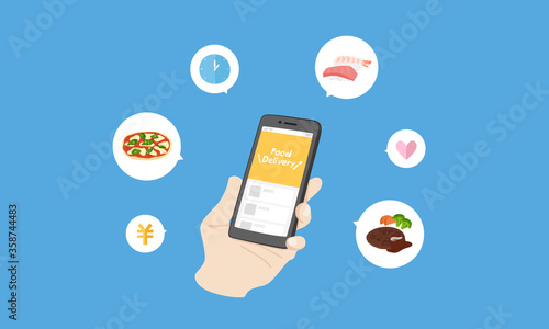 デリバリーの種類が多くて悩むイメージイラスト。和食や洋食、料金や時間など。
