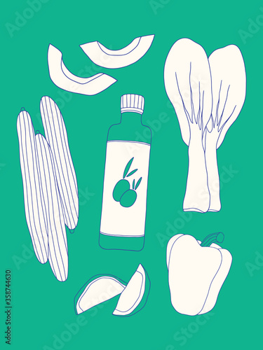 Salad ingredients set. Vector hand drawn line illustration of vegetables. Cucumber, bok choy, olive oil, sweet pepper, avocado and lime slices