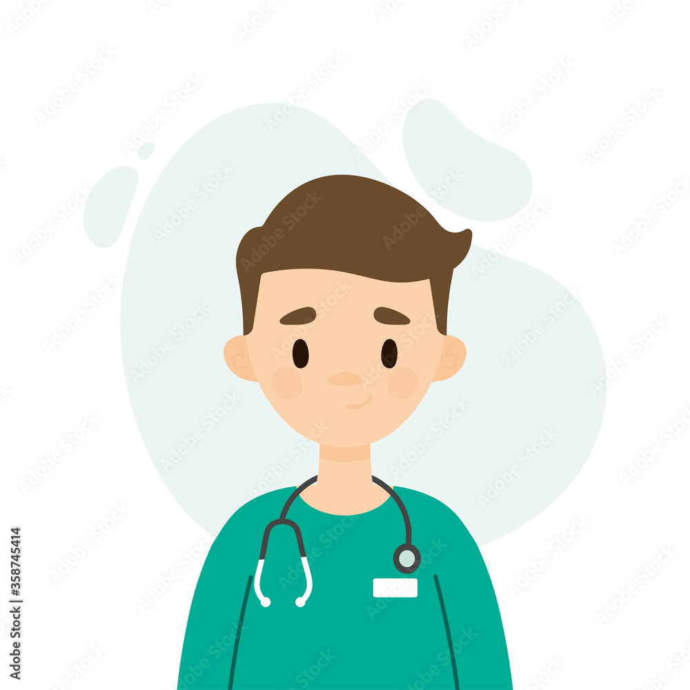 Male doctor character. Avatar of a young male doctor/nurse.  Happy doctor/nurse on a white background. 