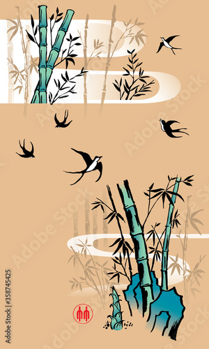 Elegant Chinese ink brush style bamboo drawing. Vector. The Chinese word stamp means bamboo.