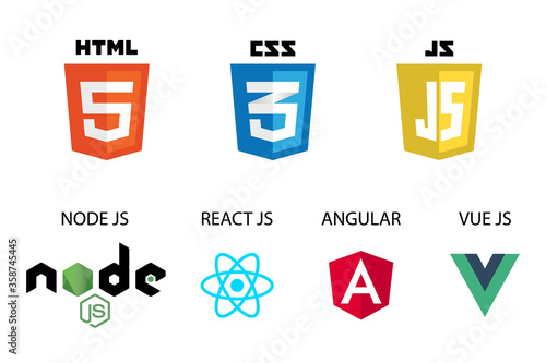 vector collection of web development shield signs: html5, css3, javascript, react js, angular, vue js and node js. photo